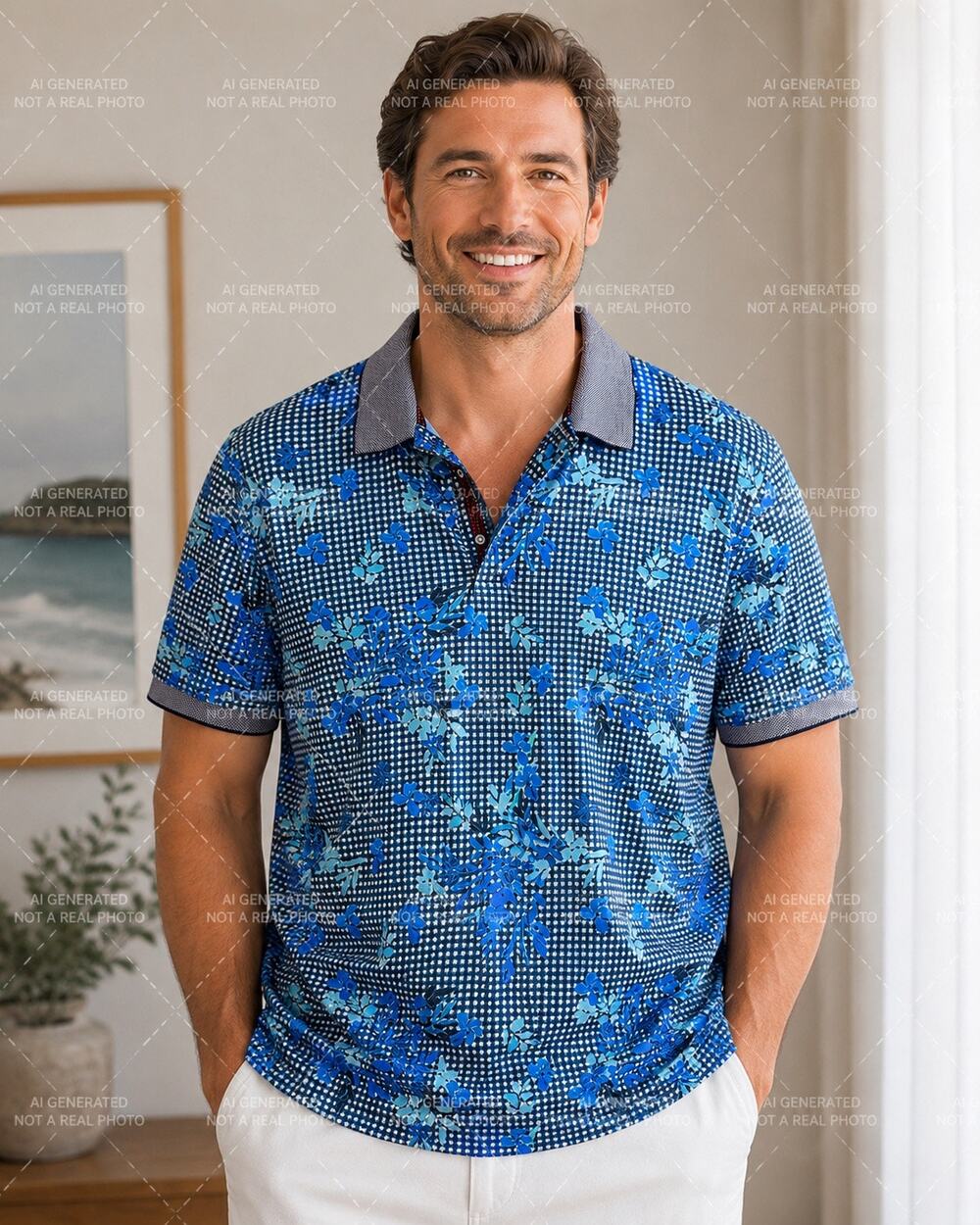 Robert Graham Polo Shirt XL Blue Floral Gingham Short Sleeve Cotton Classic Fit